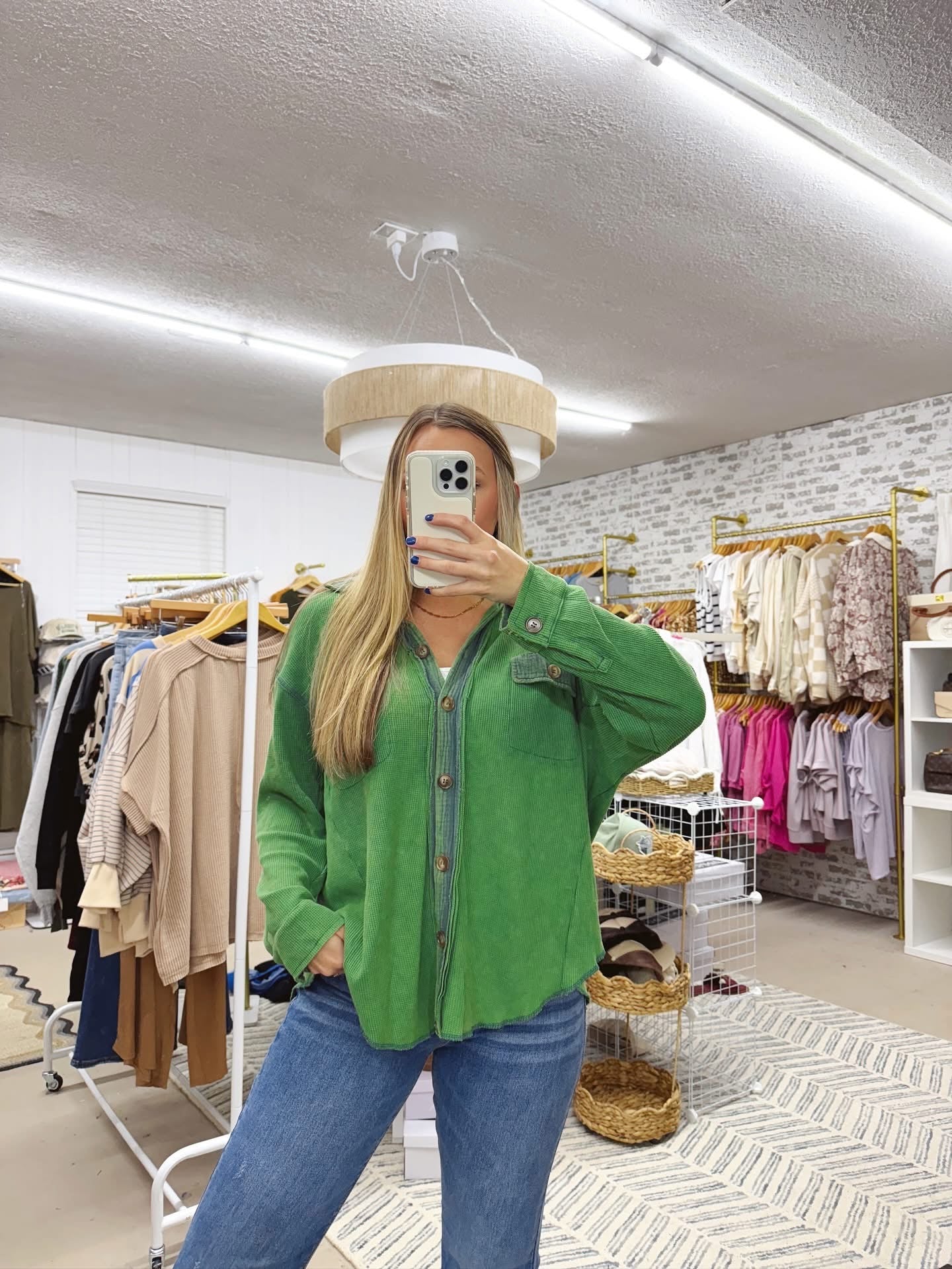 The Sherry | Green Waffle Knit Button Up