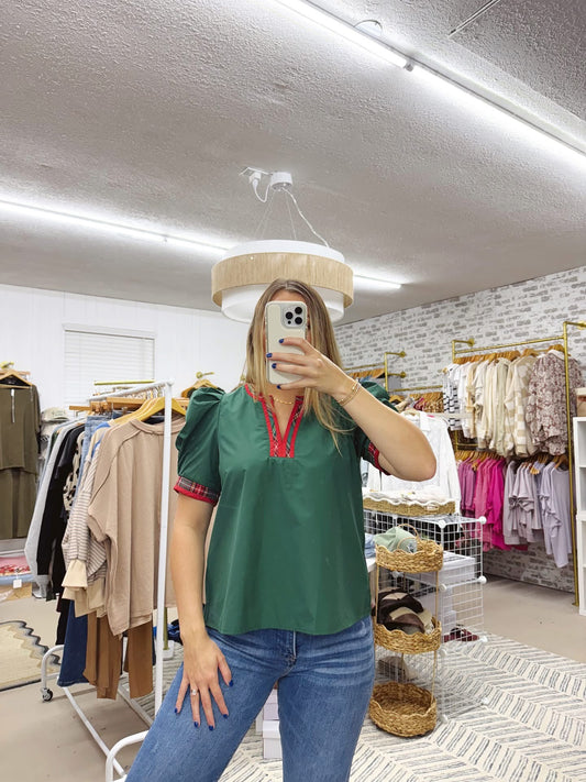 The Katherine | Plaid Trim Top