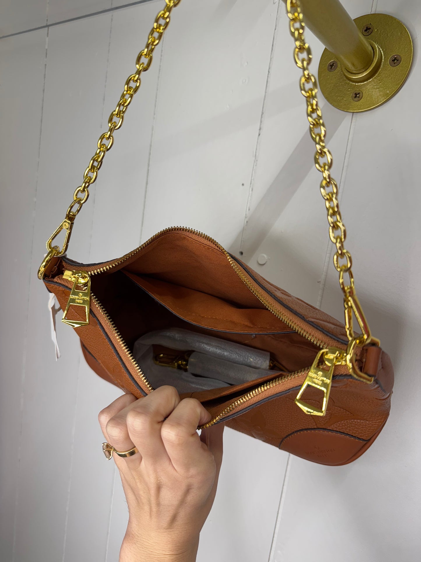 L/V Inspired Structured Embossed Shoulder Bag