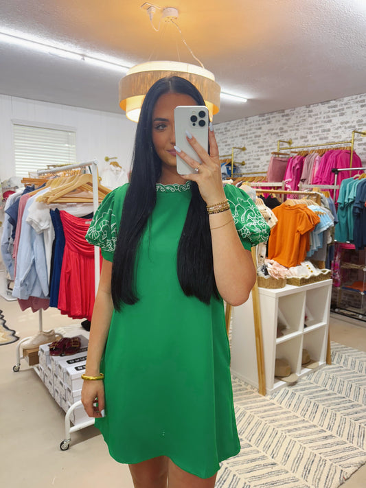 The Kathy | Green Embroidered Sleeve Dress