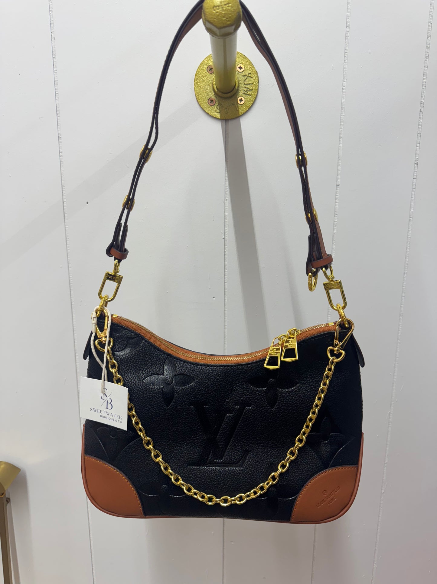 L/V Inspired Structured Embossed Shoulder Bag