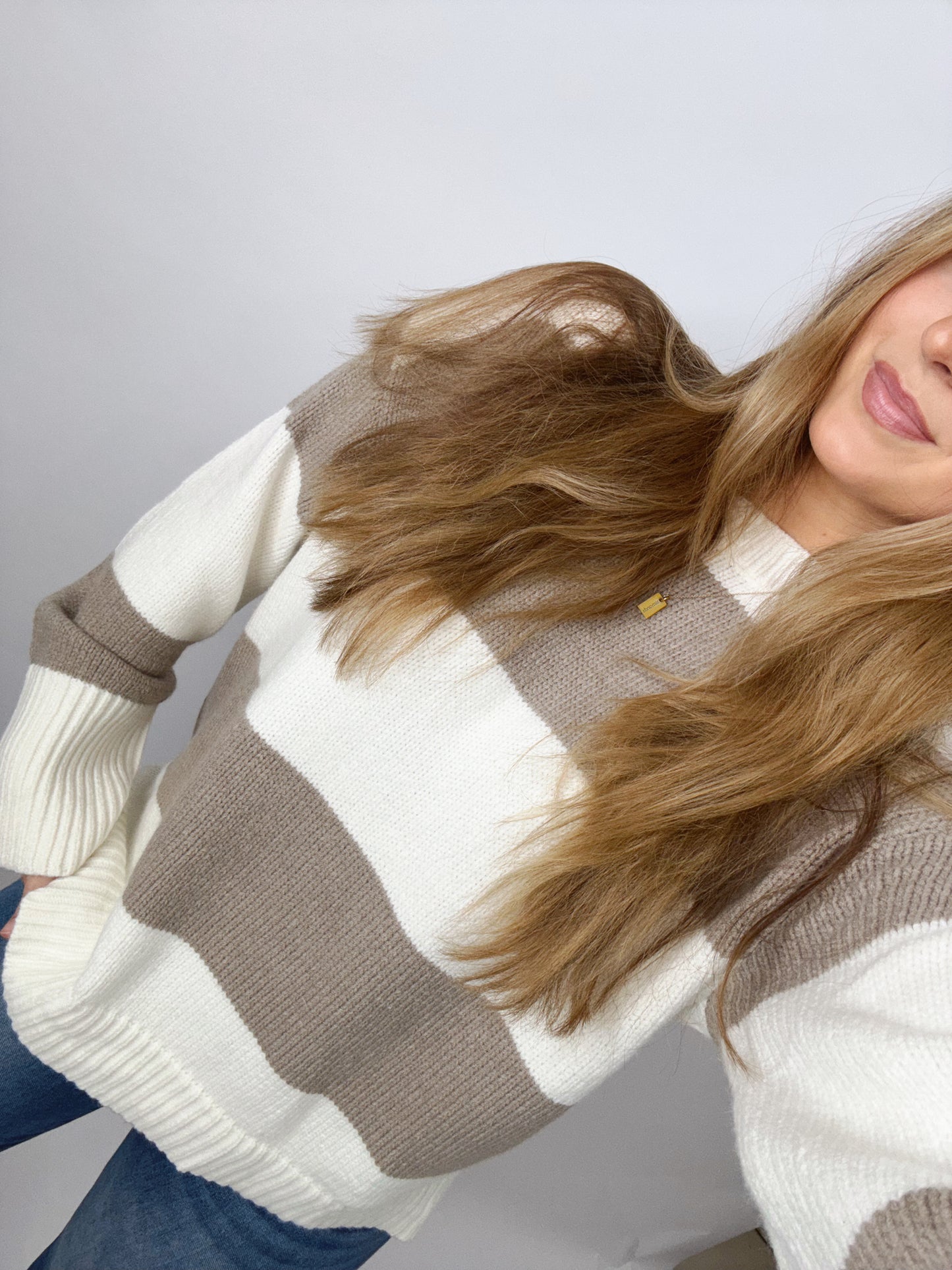 The Sloane | Taupe and Cream Striped Sweater