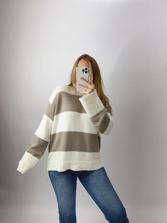 The Sloane | Taupe and Cream Striped Sweater